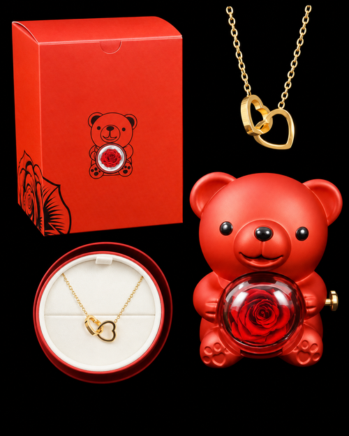 Coffret NOVENTRA avec ours rose éternelle rouge et collier deux cœurs doré